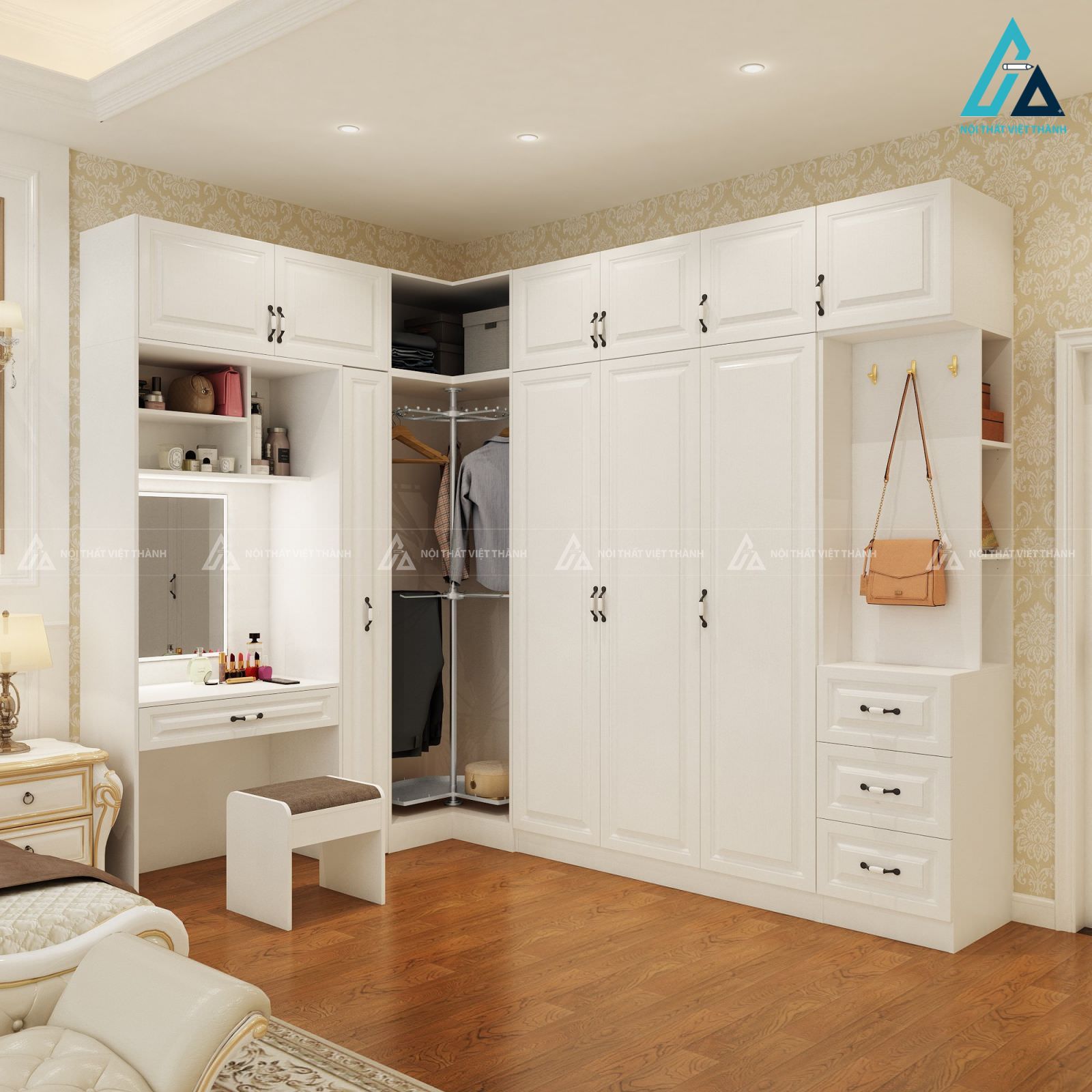 Đặt bàn trang điểm sát tường giúp tiết kiệm không gian