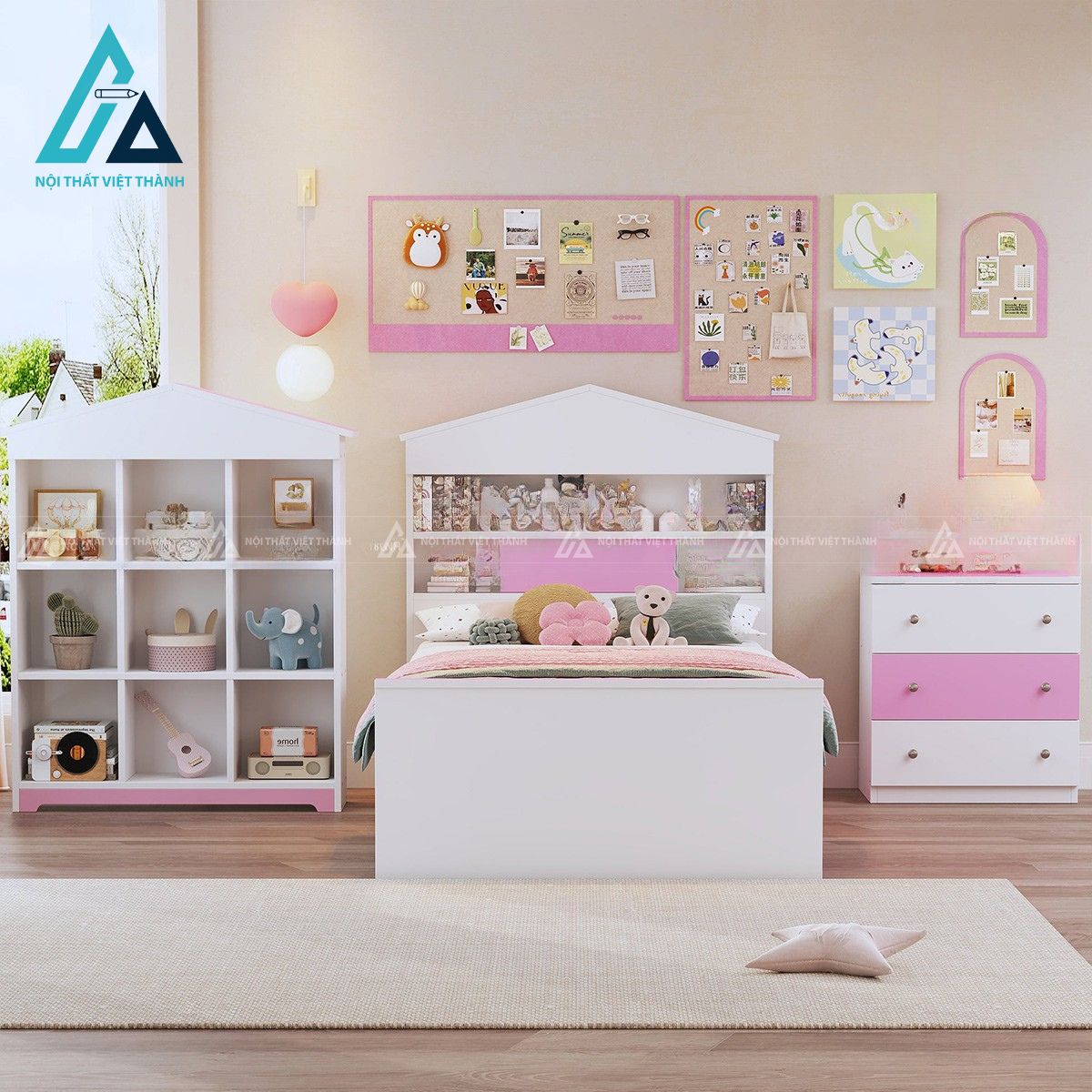 Combo giường ngủ trẻ em hình ngôi nhà kèm tab đầu giường và kệ trang trí màu hồng trắng 1