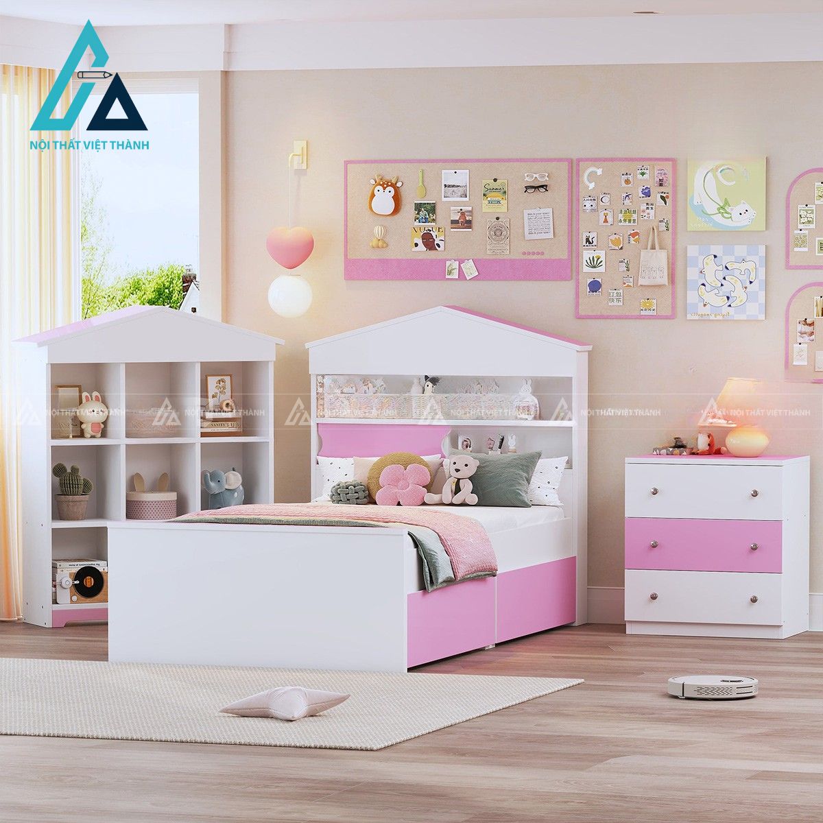Combo giường ngủ trẻ em hình ngôi nhà kèm tab đầu giường và kệ trang trí màu hồng trắng 2