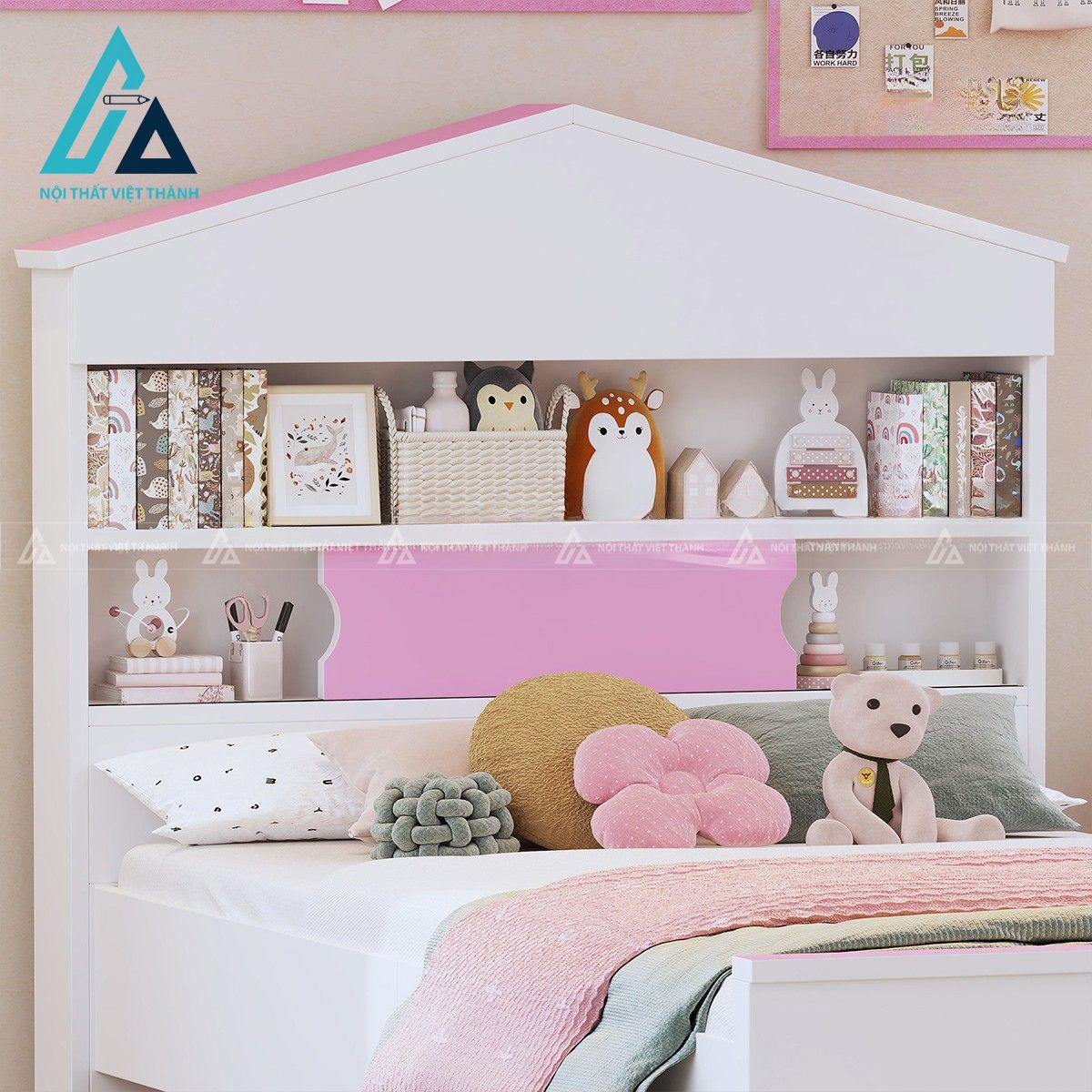 Combo giường ngủ trẻ em hình ngôi nhà kèm tab đầu giường và kệ trang trí màu hồng trắng 3