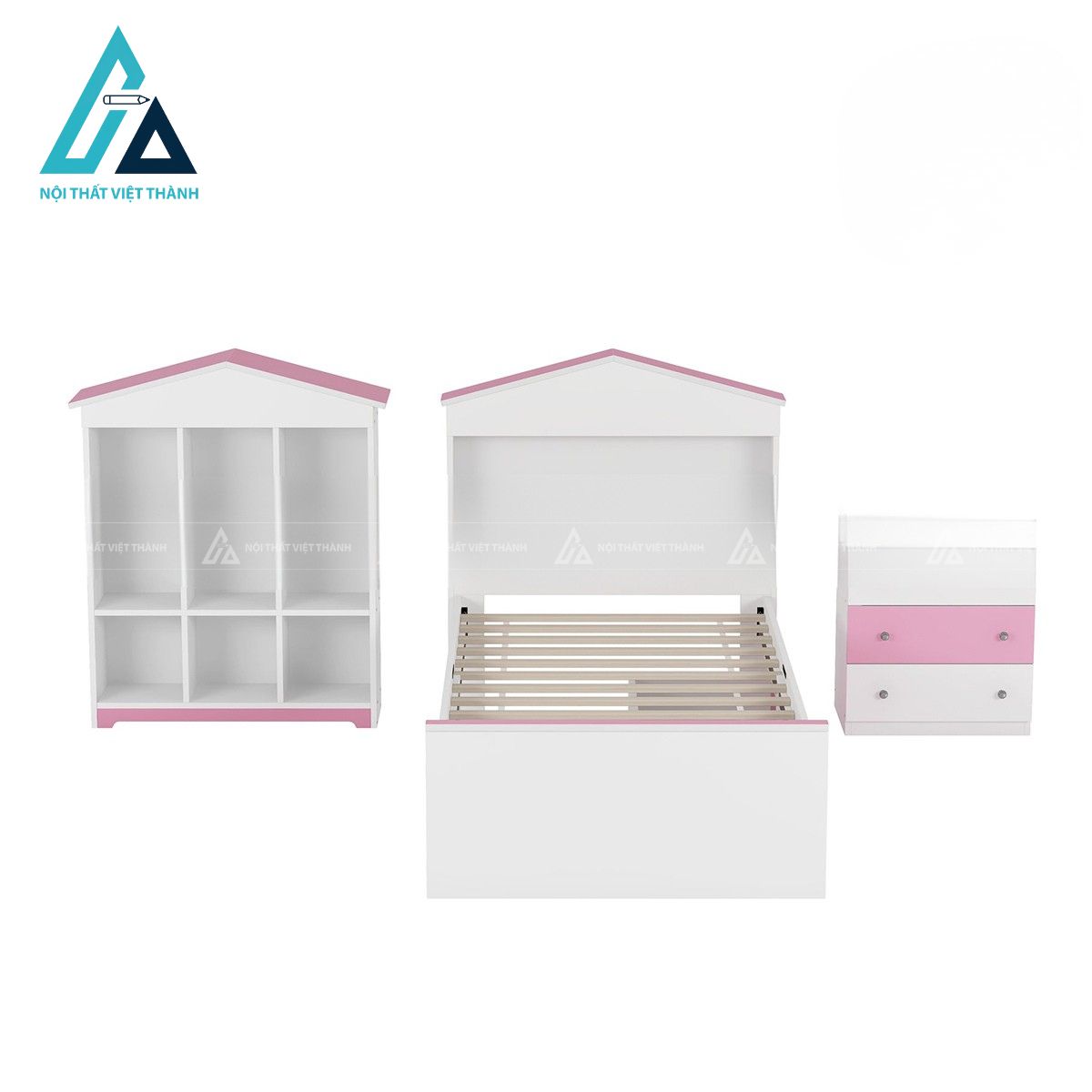 Combo giường ngủ trẻ em hình ngôi nhà kèm tab đầu giường và kệ trang trí màu hồng trắng 4