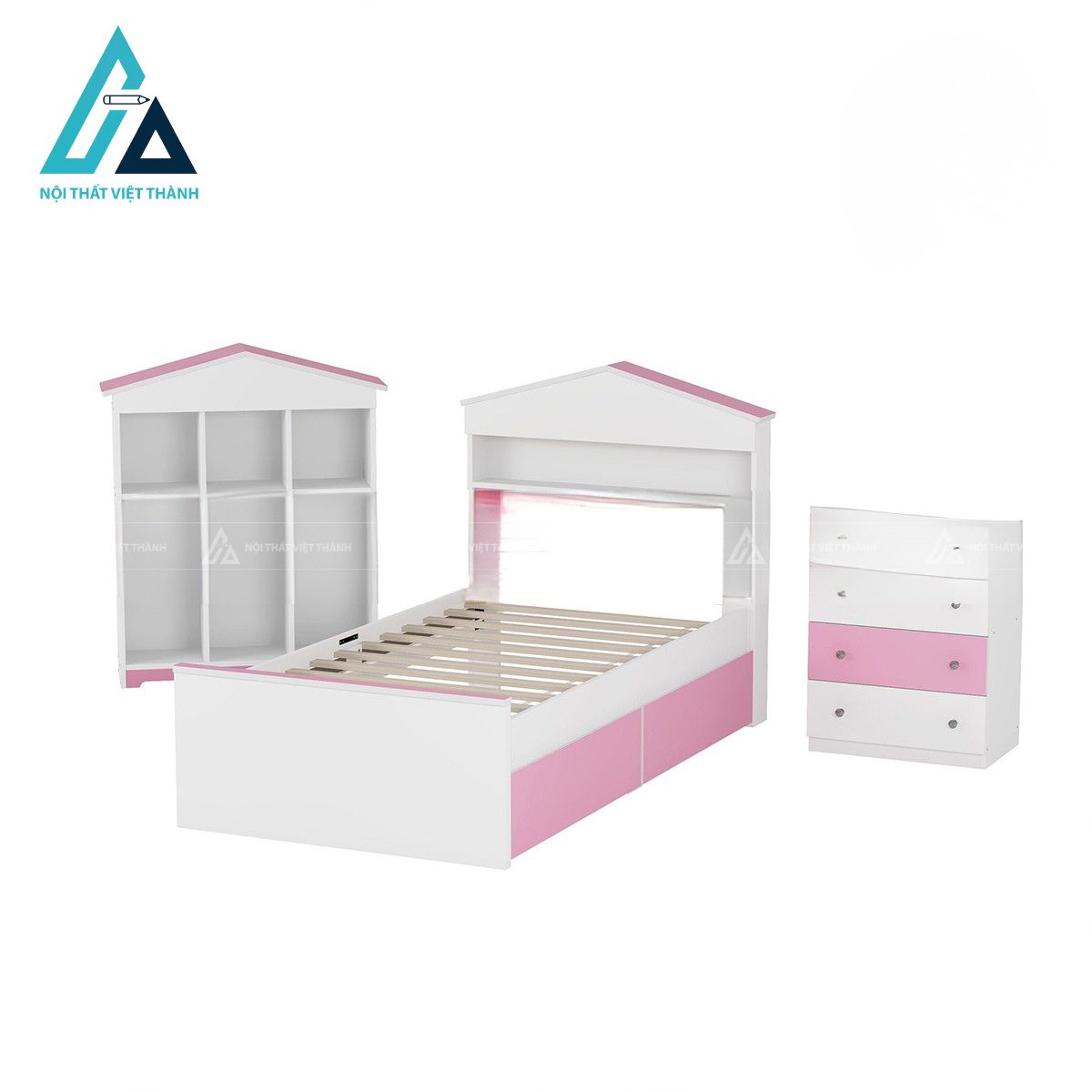 Combo giường ngủ trẻ em hình ngôi nhà kèm tab đầu giường và kệ trang trí màu hồng trắng 5