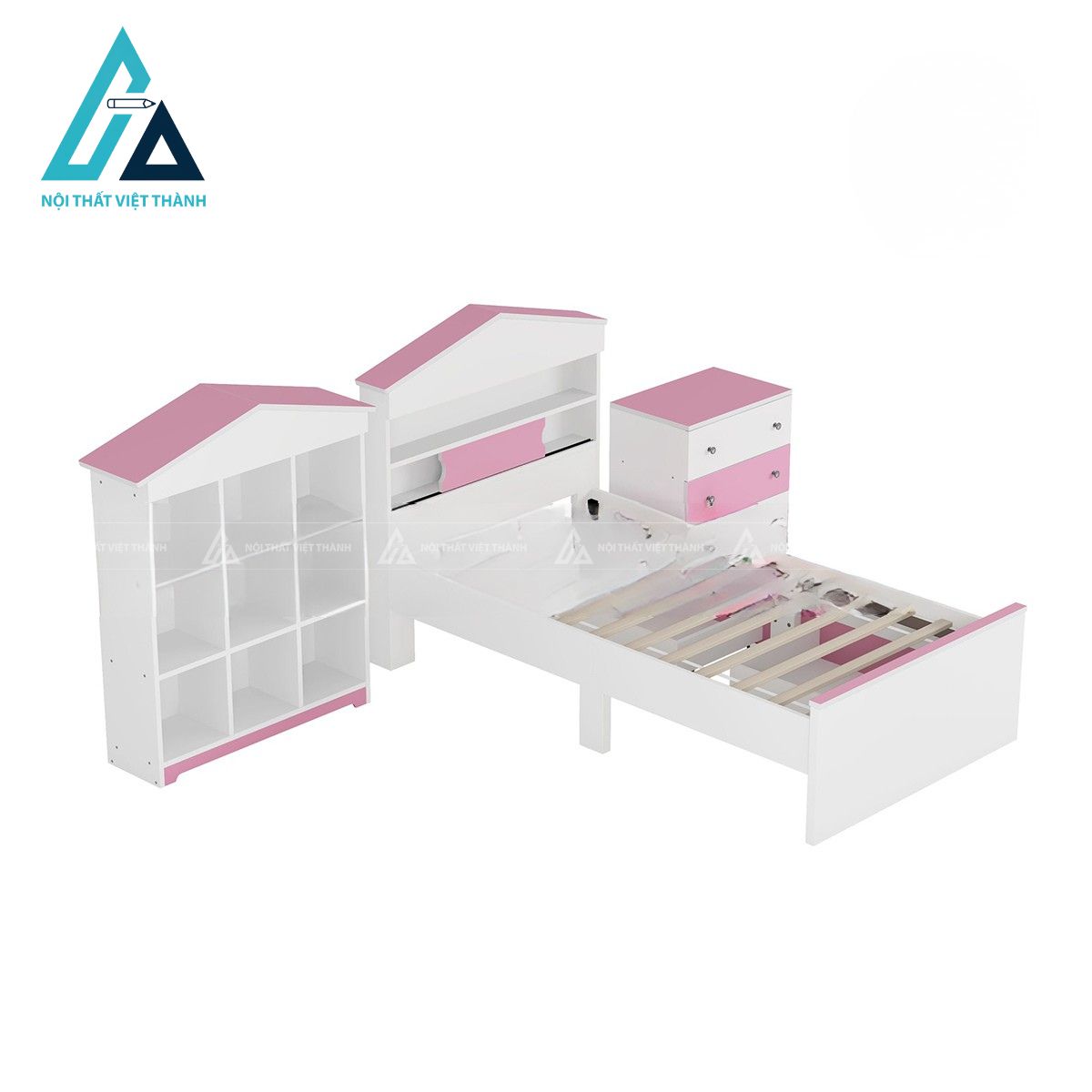 Combo giường ngủ trẻ em hình ngôi nhà kèm tab đầu giường và kệ trang trí màu hồng trắng 6