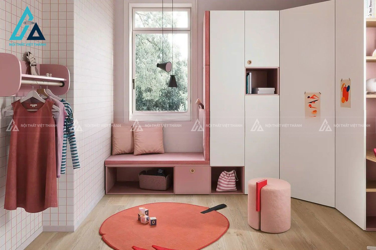 Combo phòng ngủ trẻ em giường đơn kèm giường kéo, tủ góc và bàn học hiện đại 1