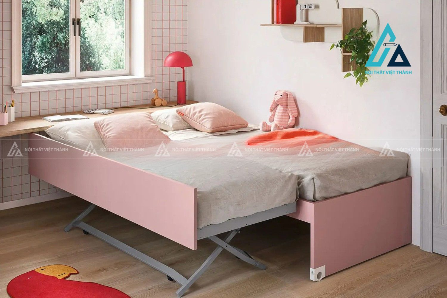 Combo phòng ngủ trẻ em giường đơn kèm giường kéo, tủ góc và bàn học hiện đại 2