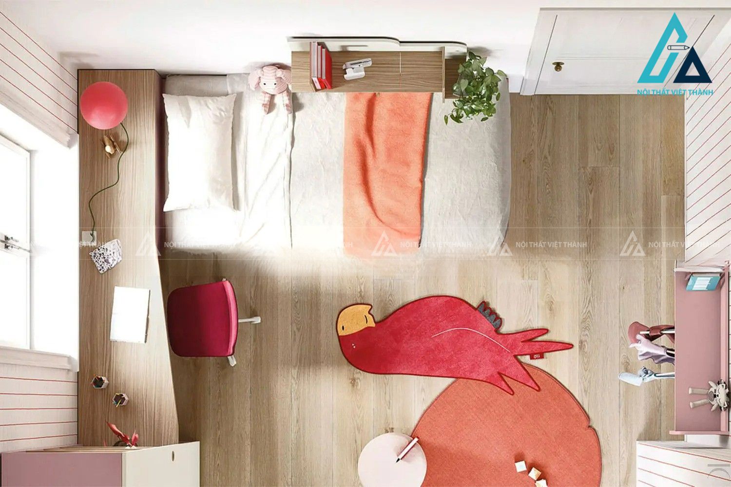 Combo phòng ngủ trẻ em giường đơn kèm giường kéo, tủ góc và bàn học hiện đại 3