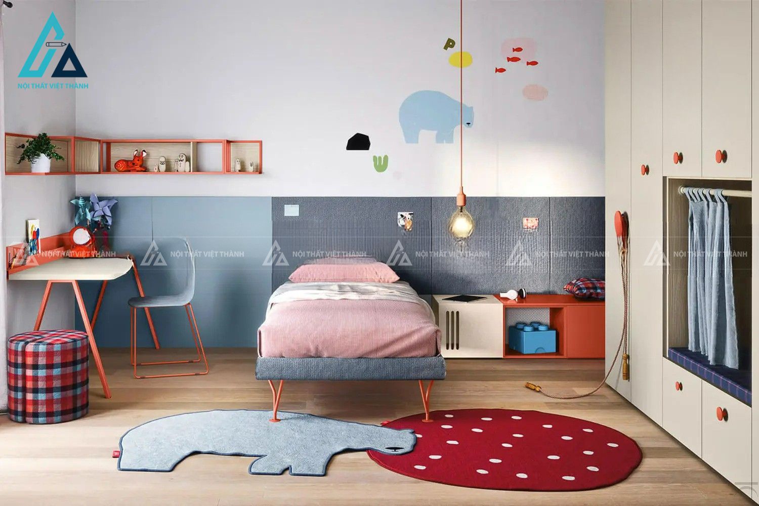Combo phòng ngủ trẻ em giường đơn kèm tủ quần áo, vách trang trí và bàn học hiện đại 1