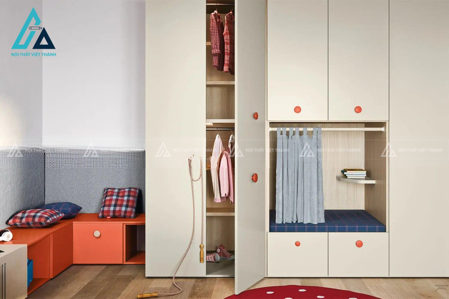 Combo phòng ngủ trẻ em giường đơn kèm tủ quần áo, vách trang trí và bàn học hiện đại 2