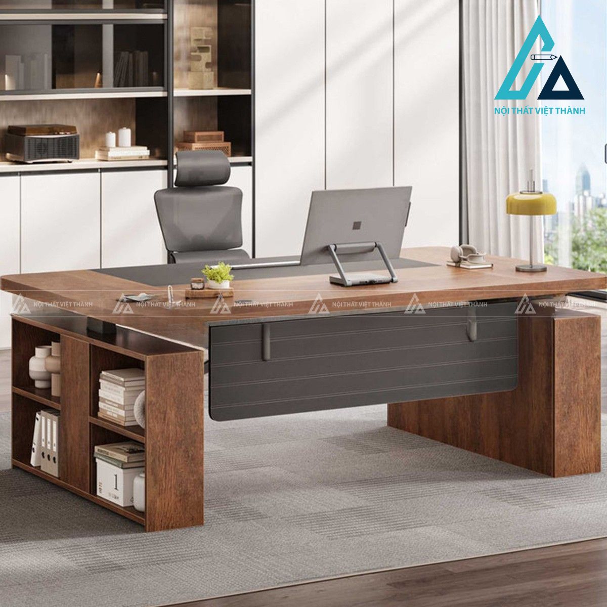 Bàn giám đốc gỗ công nghiệp kèm kệ lưu trữ đa năng hiện đại 1
