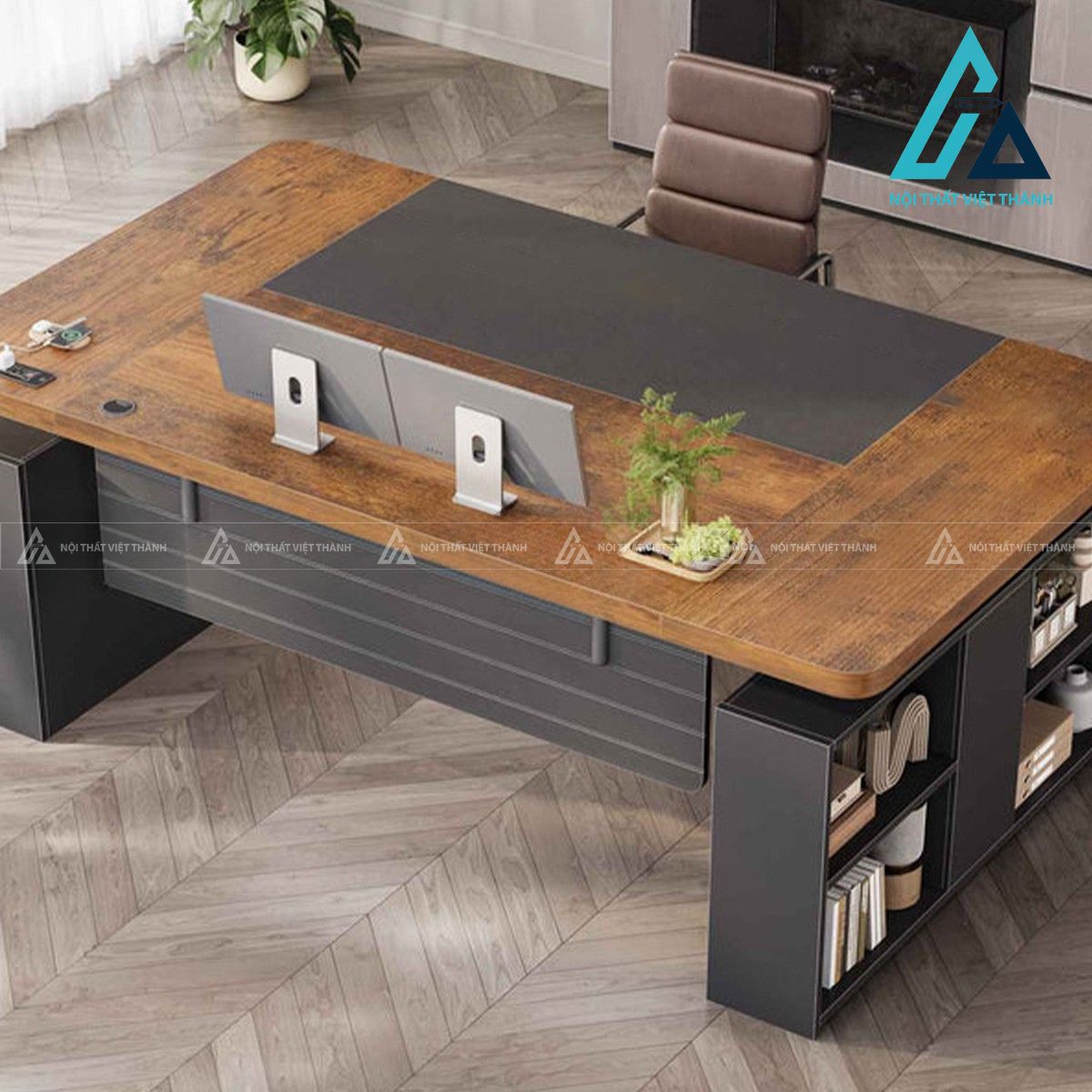 Bàn giám đốc gỗ công nghiệp kèm kệ lưu trữ đa năng hiện đại 3