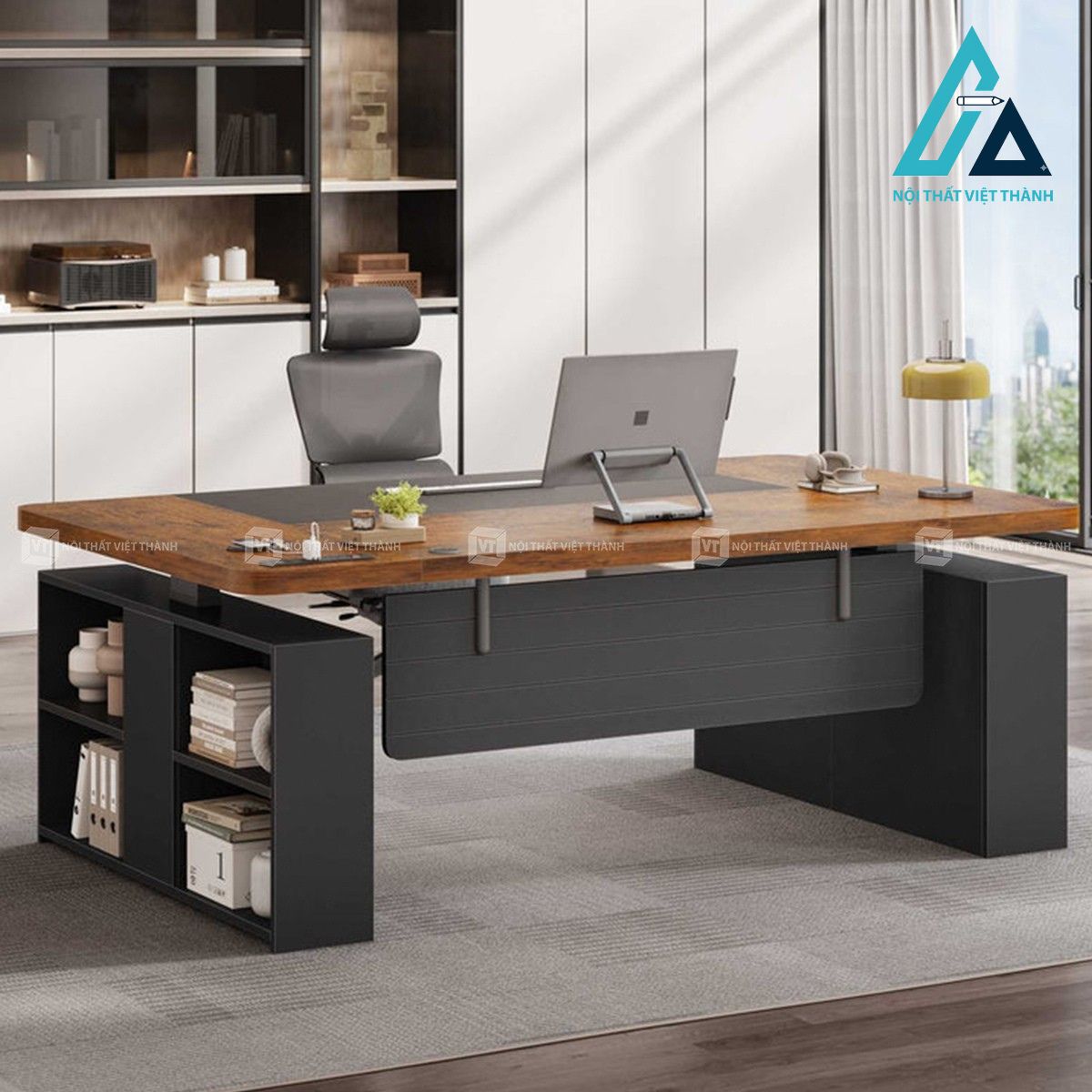 Bàn giám đốc gỗ công nghiệp kèm kệ lưu trữ đa năng hiện đại