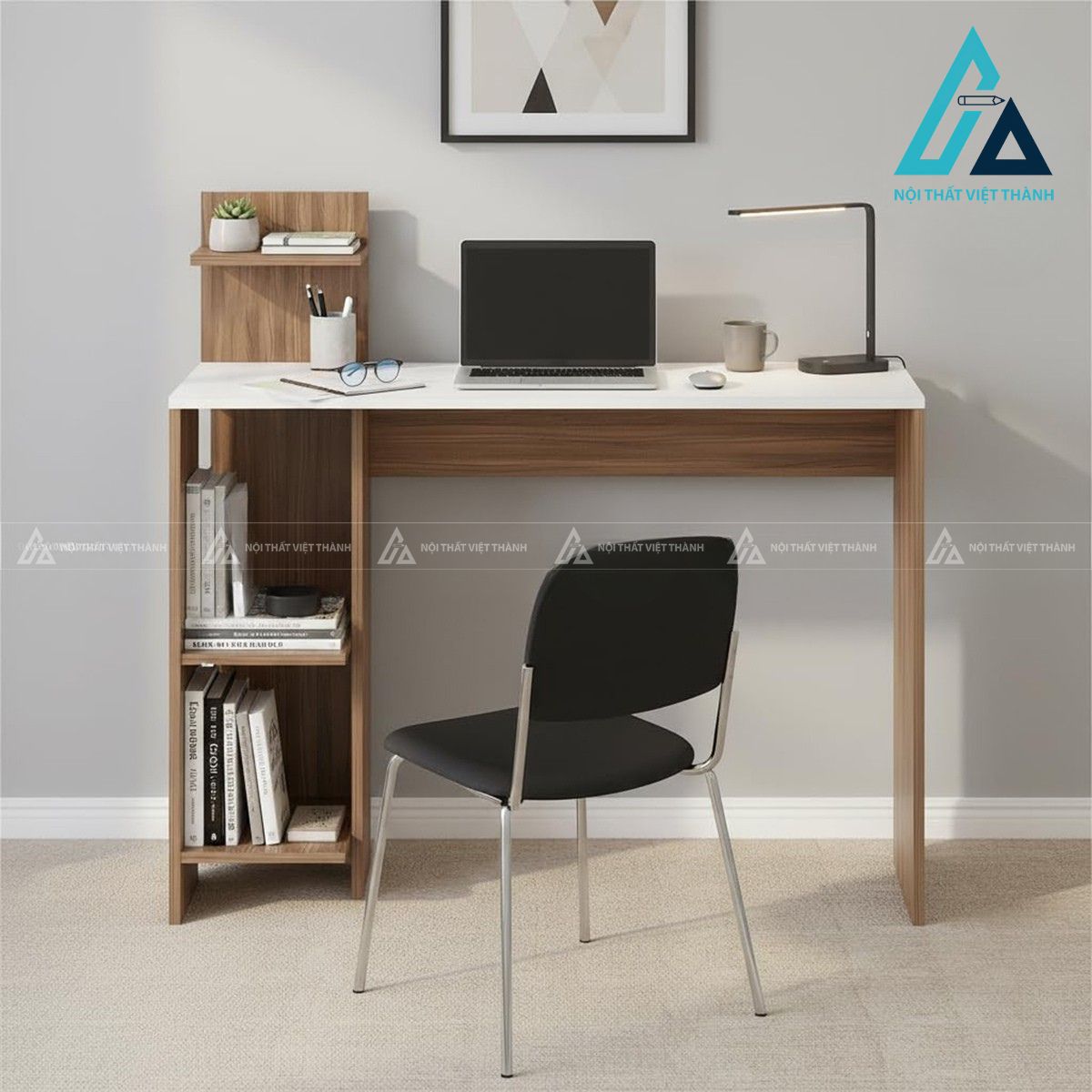 Bàn học gỗ công nghiệp kèm kệ lưu trữ thiết kế hiện đại 1