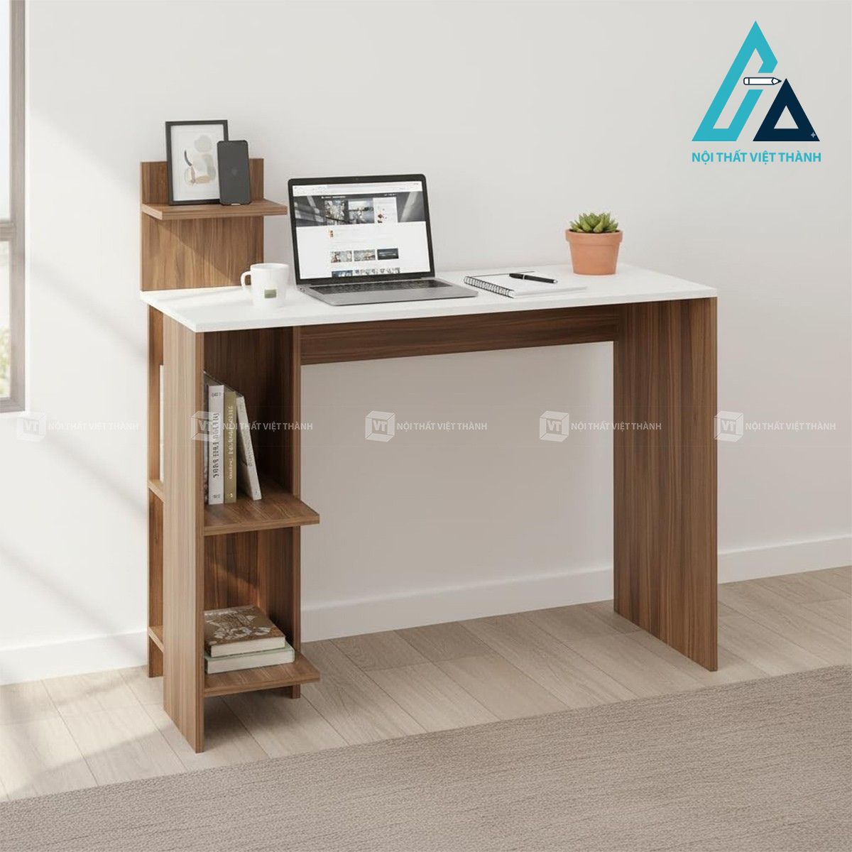 Bàn học gỗ công nghiệp kèm kệ lưu trữ thiết kế hiện đại