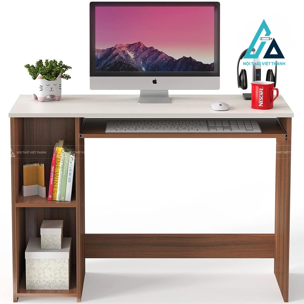 Bàn học gỗ công nghiệp kèm kệ sách bên hông thiết kế hiện đại 3