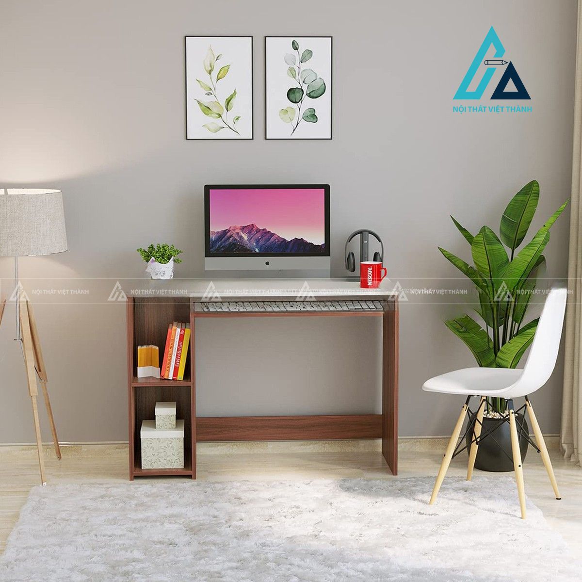 Bàn học gỗ công nghiệp kèm kệ sách bên hông thiết kế hiện đại 4