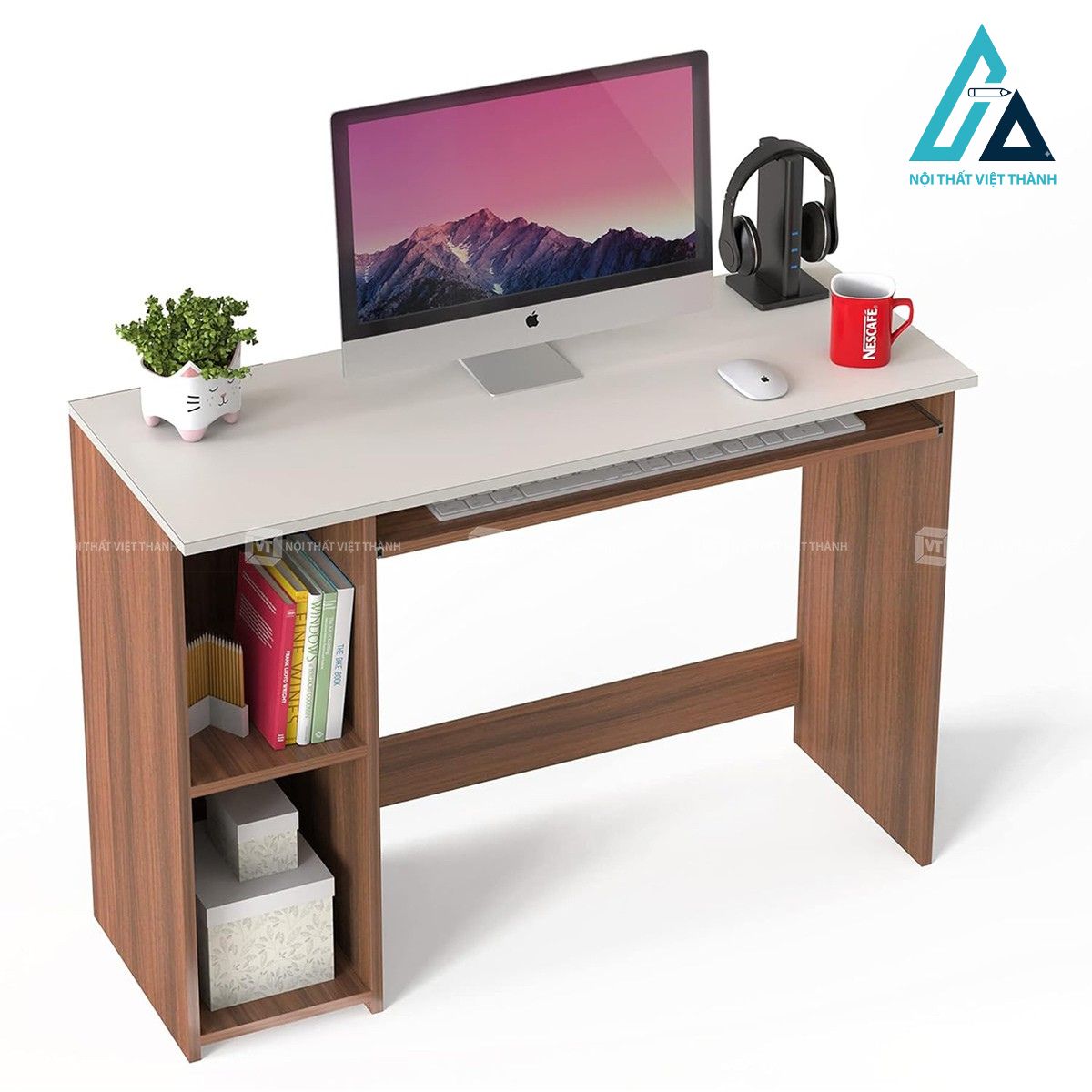Bàn học gỗ công nghiệp kèm kệ sách bên hông thiết kế hiện đại