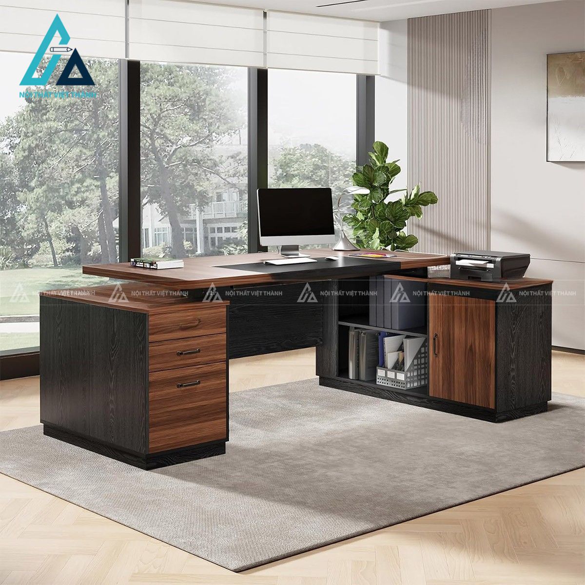 Bàn làm việc chữ L gỗ nâu đen kèm tủ hồ sơ và kệ lưu trữ hiện đại 1