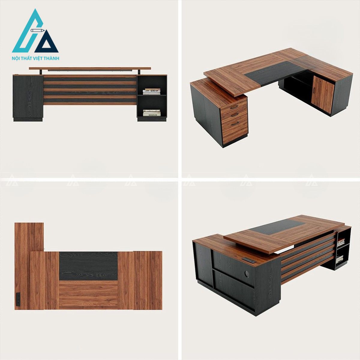 Bàn làm việc chữ L gỗ nâu đen kèm tủ hồ sơ và kệ lưu trữ hiện đại 2