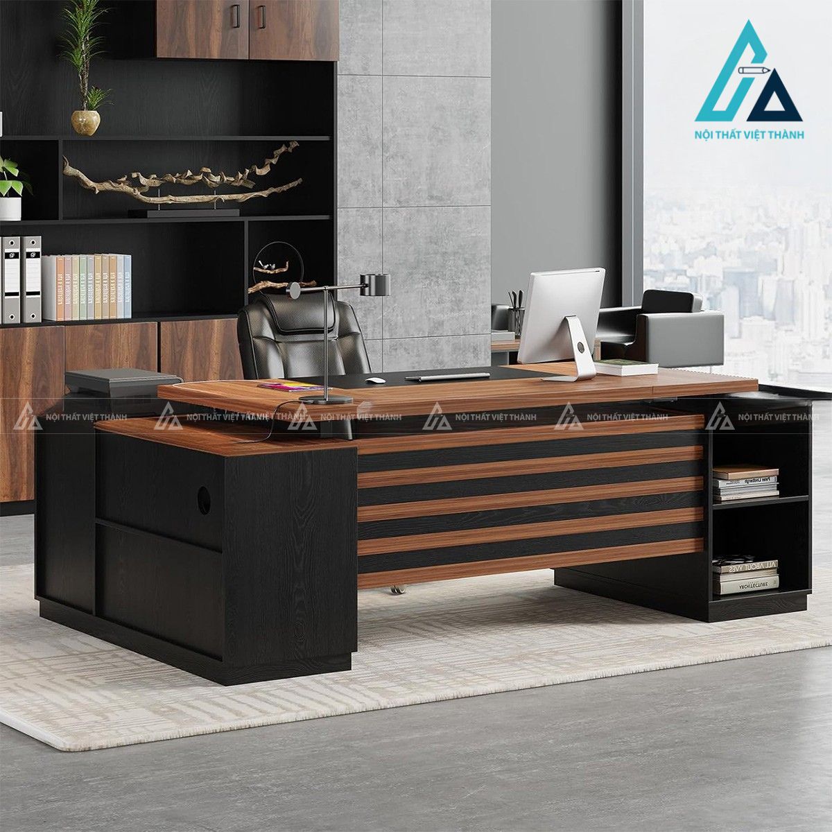 Bàn làm việc chữ L gỗ nâu đen kèm tủ hồ sơ và kệ lưu trữ hiện đại 3