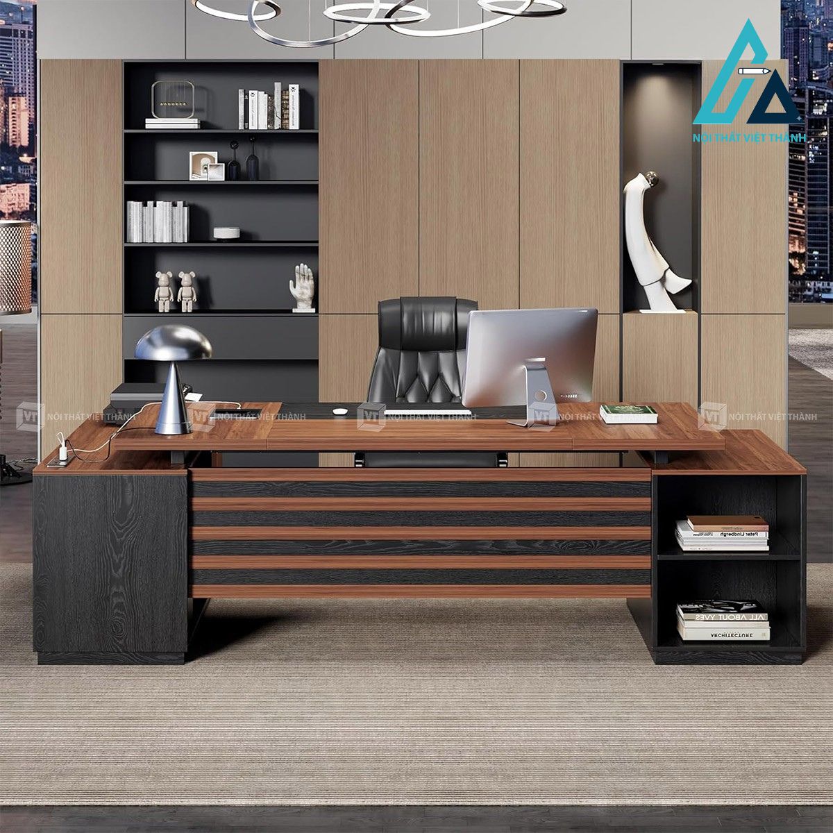 Bàn làm việc chữ L gỗ nâu đen kèm tủ hồ sơ và kệ lưu trữ hiện đại