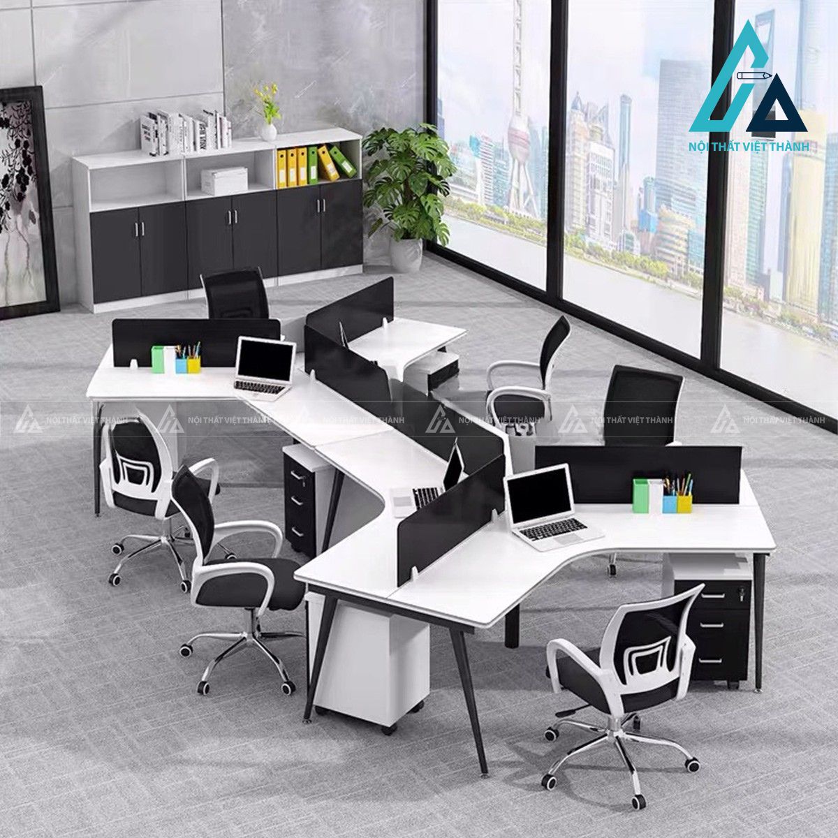 Bàn làm việc cụm nhiều chỗ chữ V vách ngăn gỗ công nghiệp cho văn phòng 3