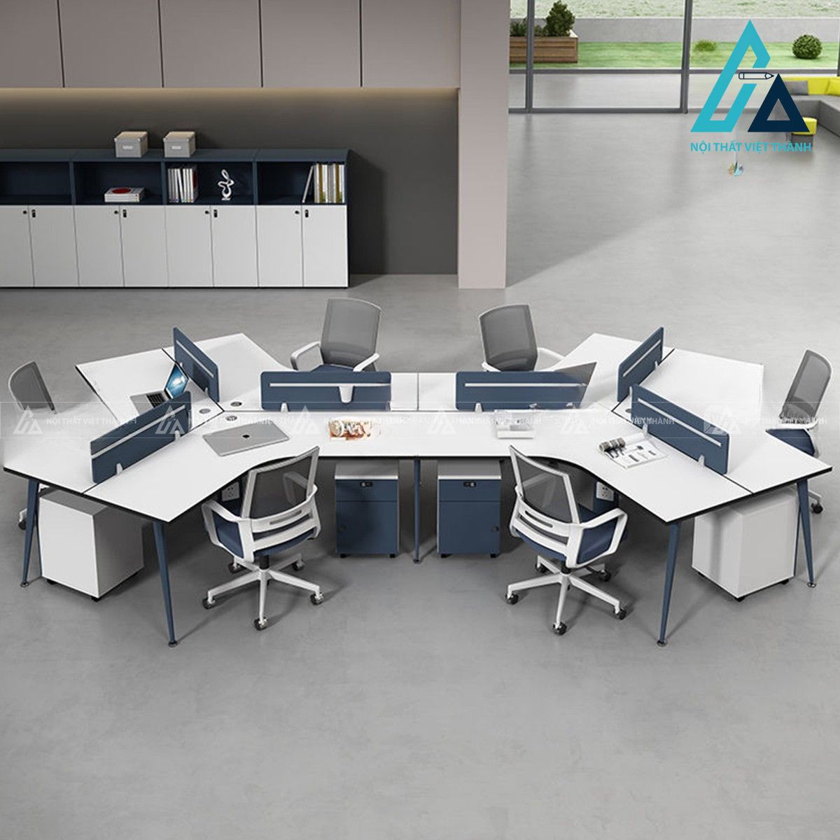 Bàn làm việc cụm nhiều chỗ chữ V vách ngăn gỗ công nghiệp cho văn phòng 4
