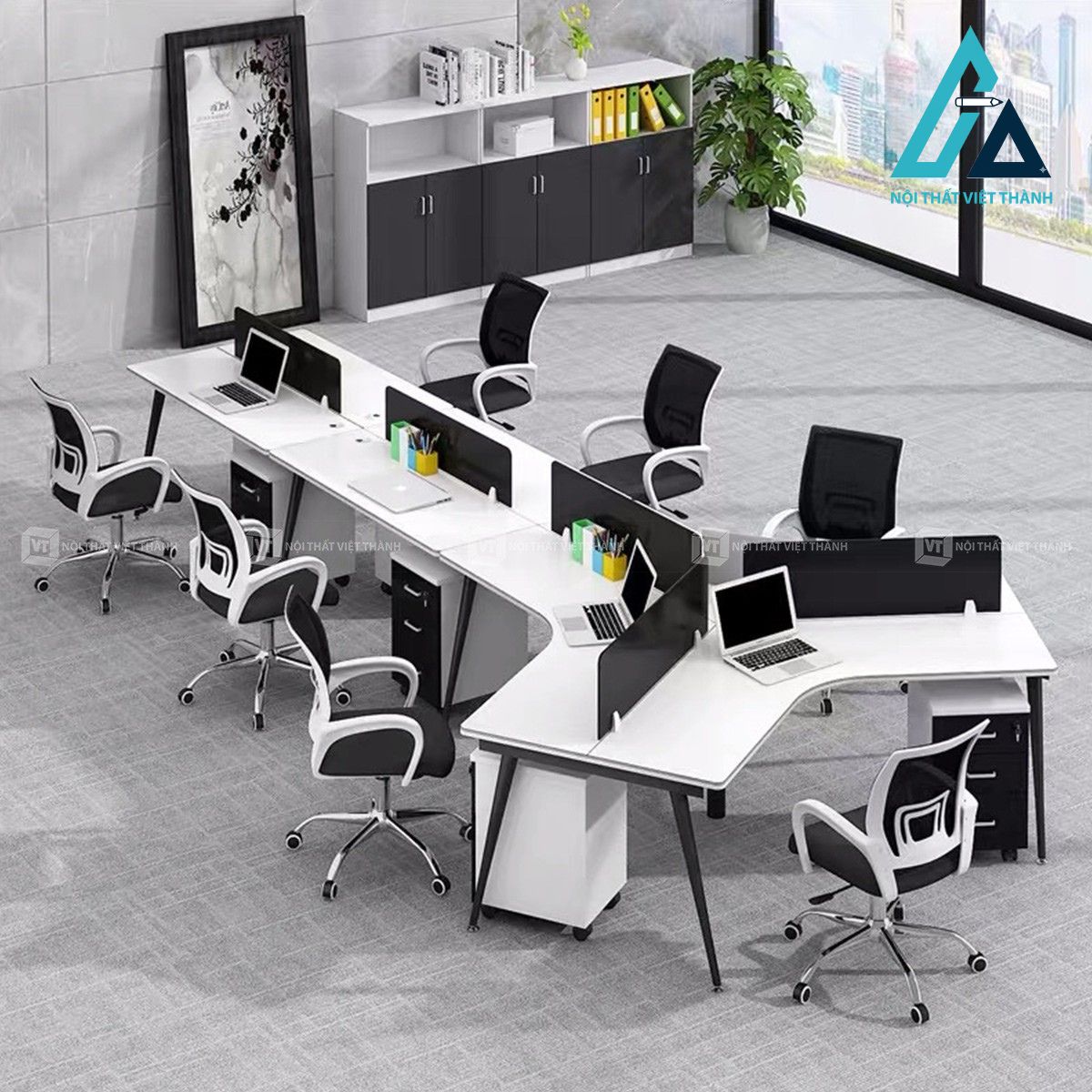 Bàn làm việc cụm nhiều chỗ chữ V vách ngăn gỗ công nghiệp cho văn phòng