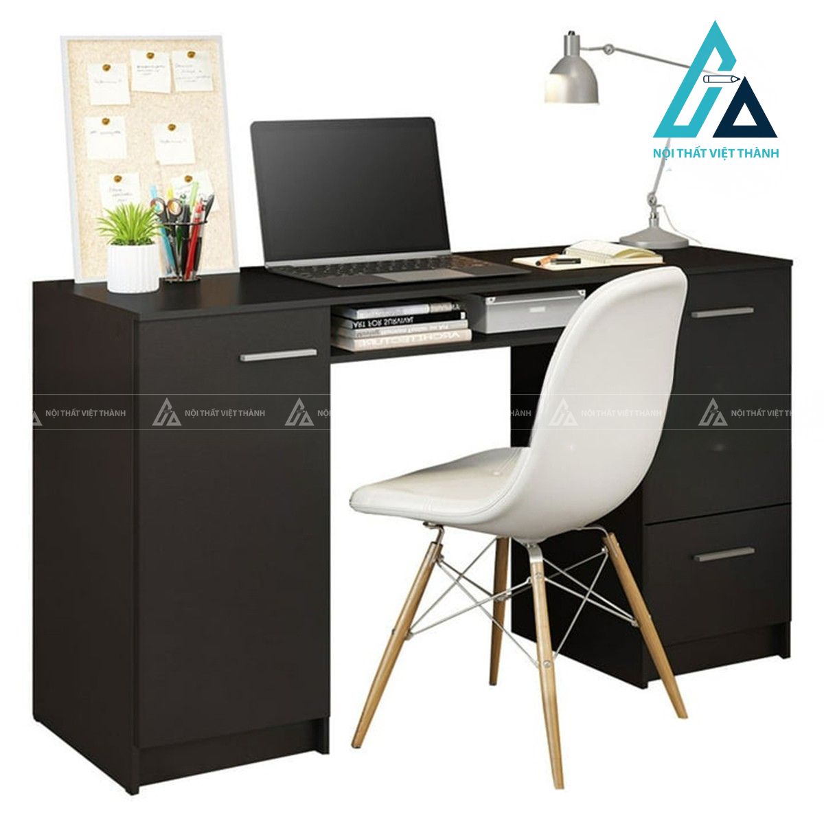 Bàn làm việc gỗ công nghiệp 3 ngăn kéo kèm tủ lưu trữ màu đen hiện đại 2