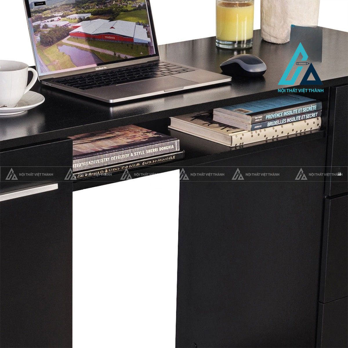Bàn làm việc gỗ công nghiệp 3 ngăn kéo kèm tủ lưu trữ màu đen hiện đại 4
