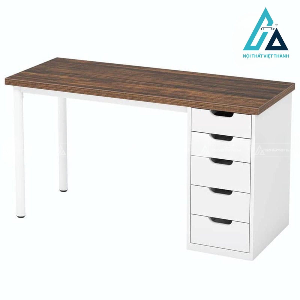 Bàn làm việc gỗ MDF 5 ngăn kéo chân kim loại trắng hiện đại 1