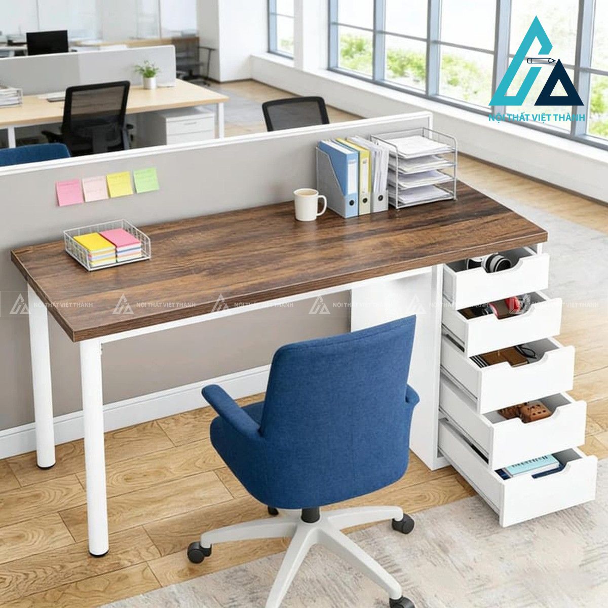 Bàn làm việc gỗ MDF 5 ngăn kéo chân kim loại trắng hiện đại 3