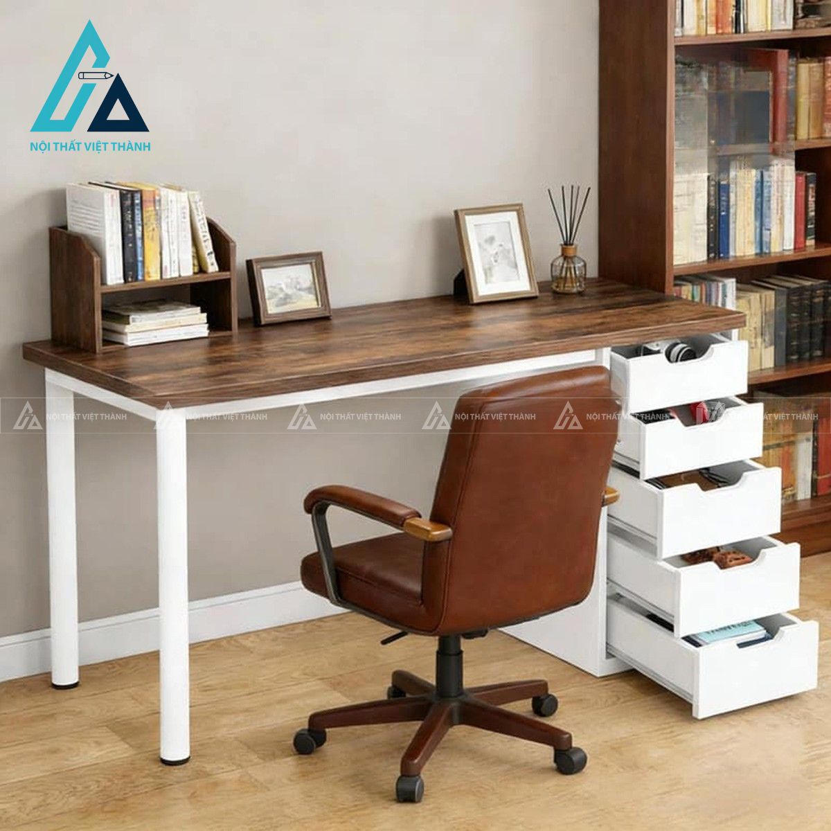 Bàn làm việc gỗ MDF 5 ngăn kéo chân kim loại trắng hiện đại 4