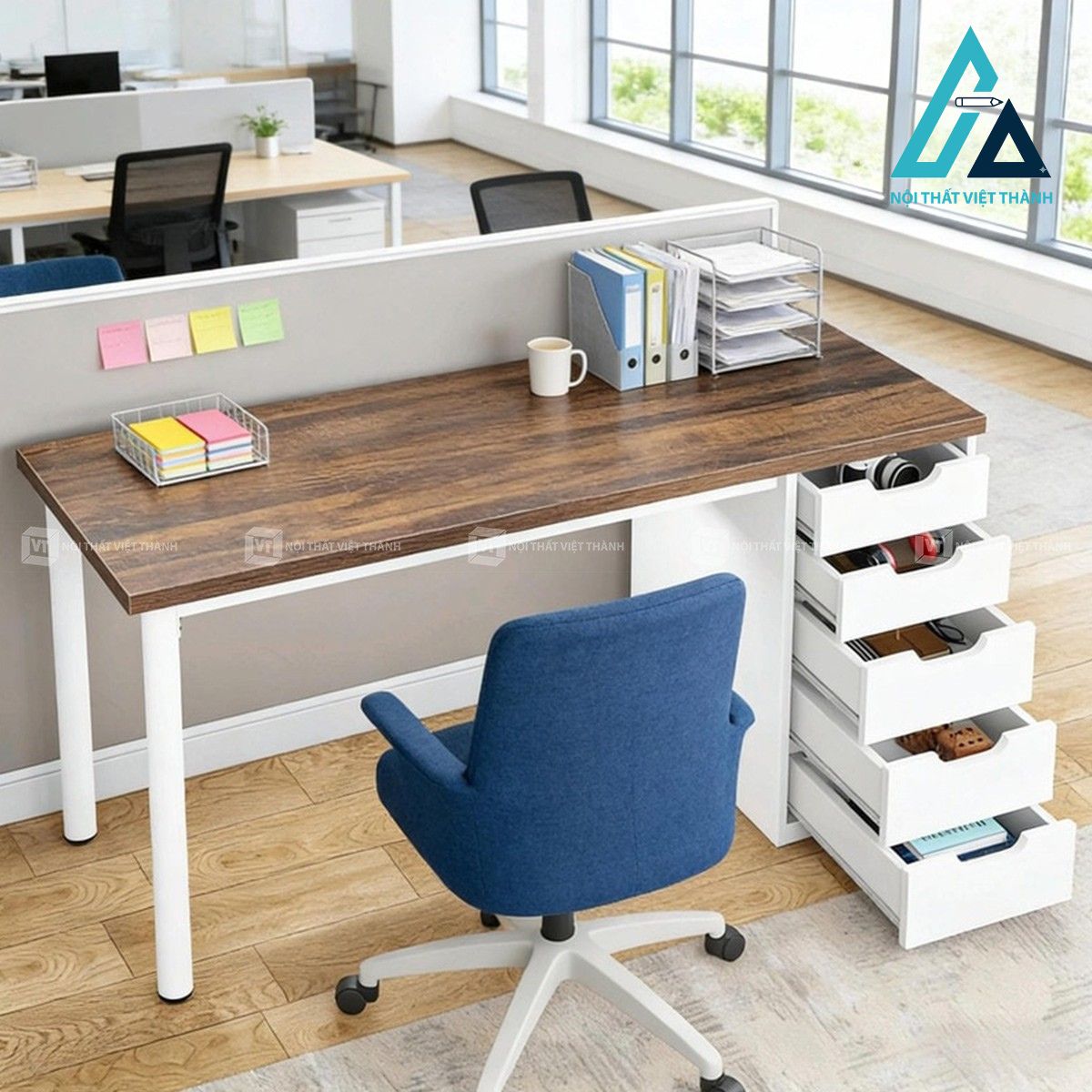 Bàn làm việc gỗ MDF 5 ngăn kéo chân kim loại trắng hiện đại