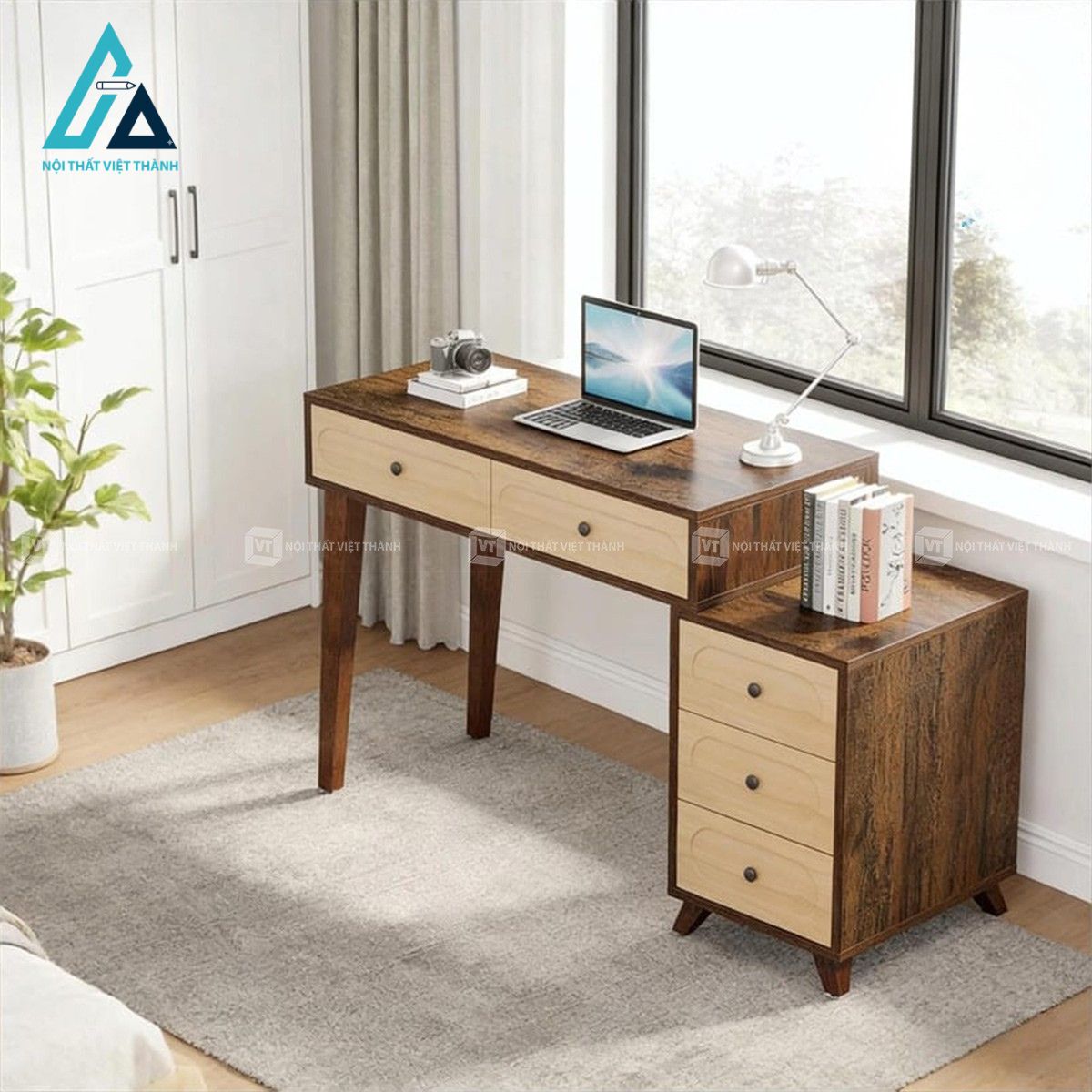 Bàn làm việc MDF 5 ngăn kéo phong cách retro hiện đại
