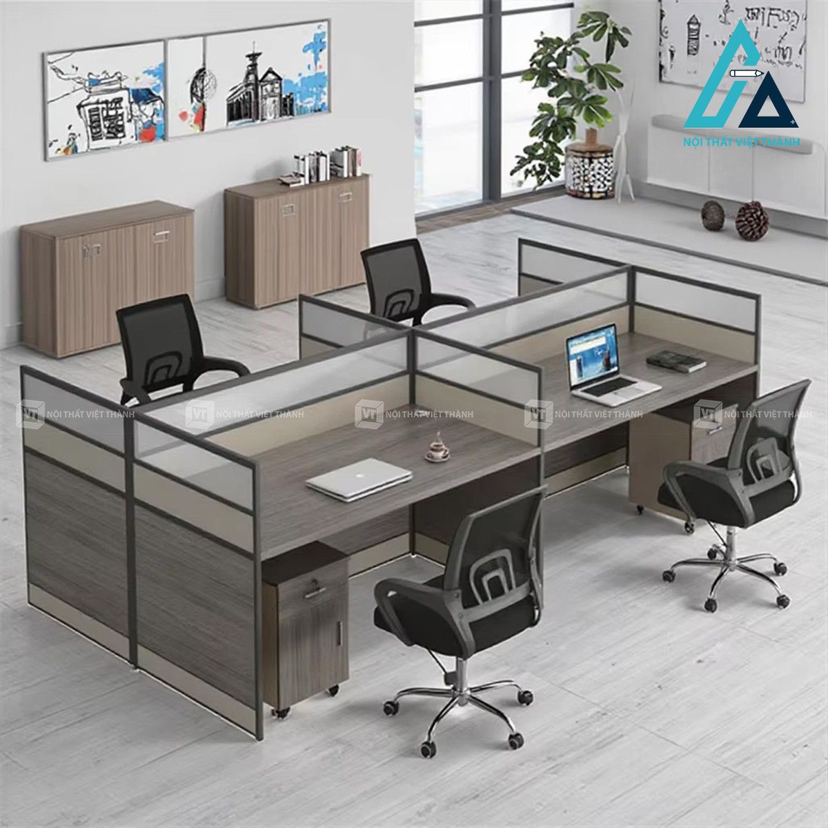 Bàn làm việc văn phòng gỗ công nghiệp có hộc tủ lưu trữ hiện đại