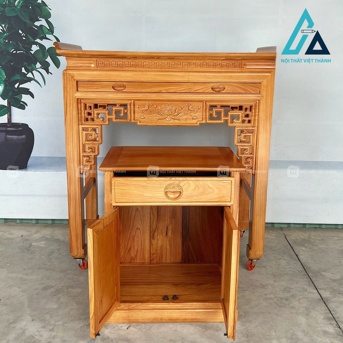 Bàn thờ án gian gỗ gõ chạm sen tinh xảo kèm tủ cúng 2