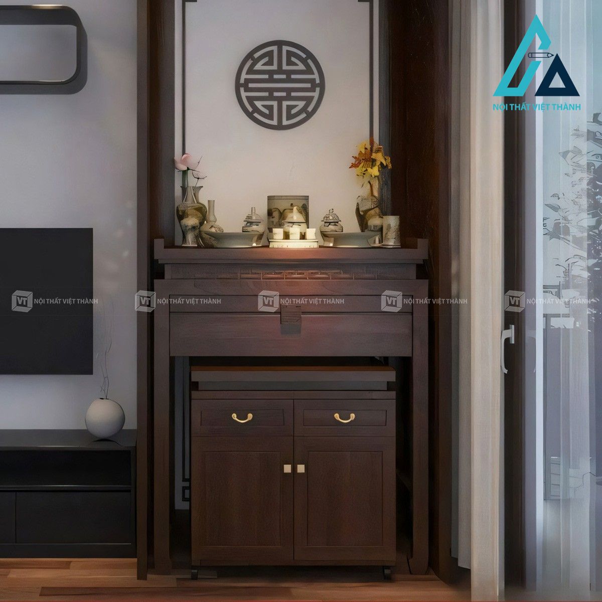 Bàn thờ đứng gỗ sồi vách hoa sen hiện đại 1