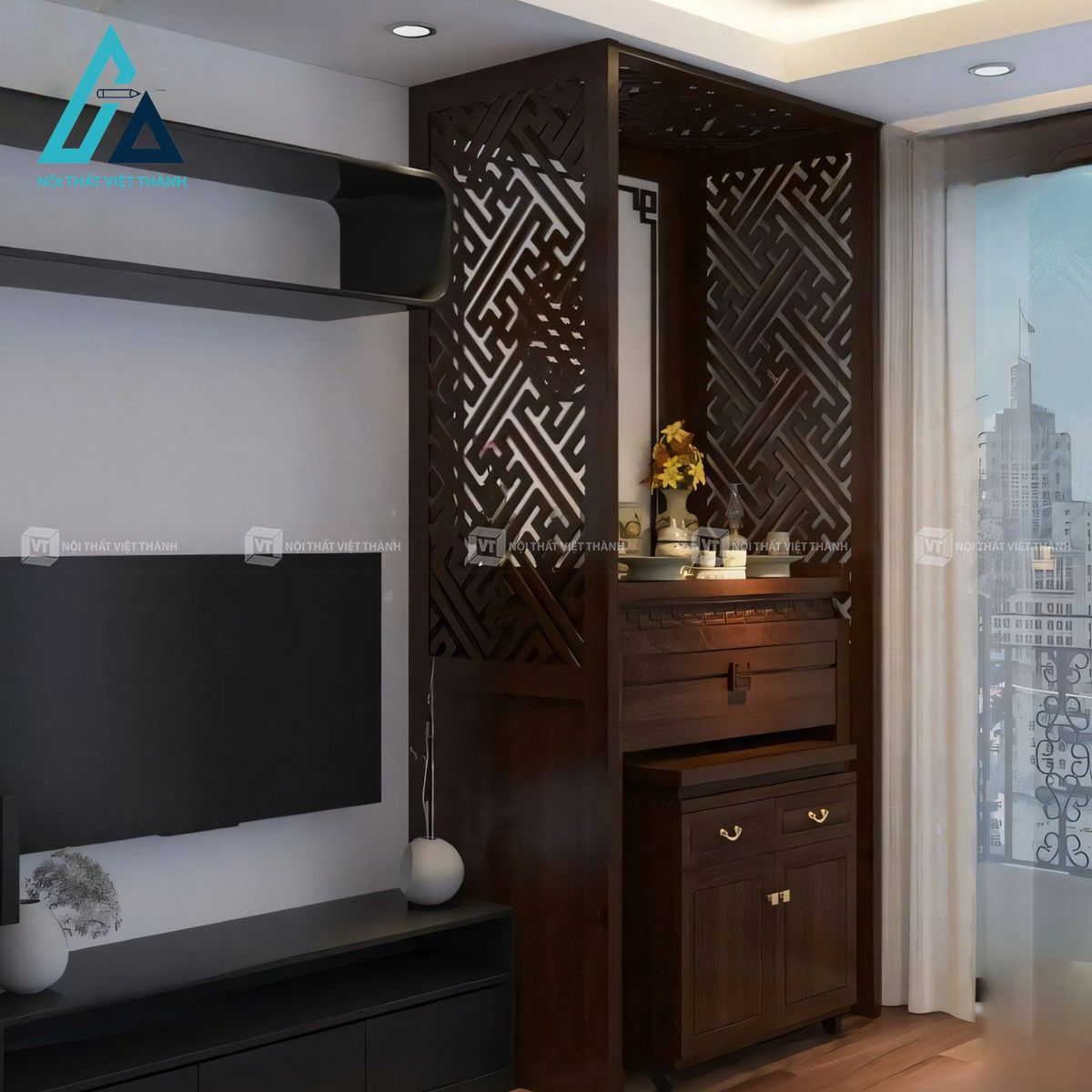 Bàn thờ đứng gỗ sồi vách hoa sen hiện đại 2