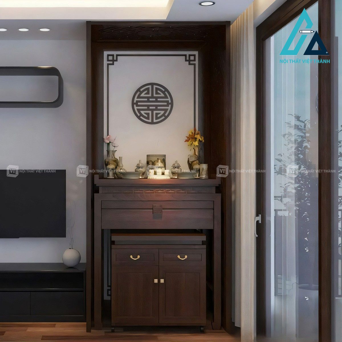 Bàn thờ đứng gỗ sồi vách hoa sen hiện đại