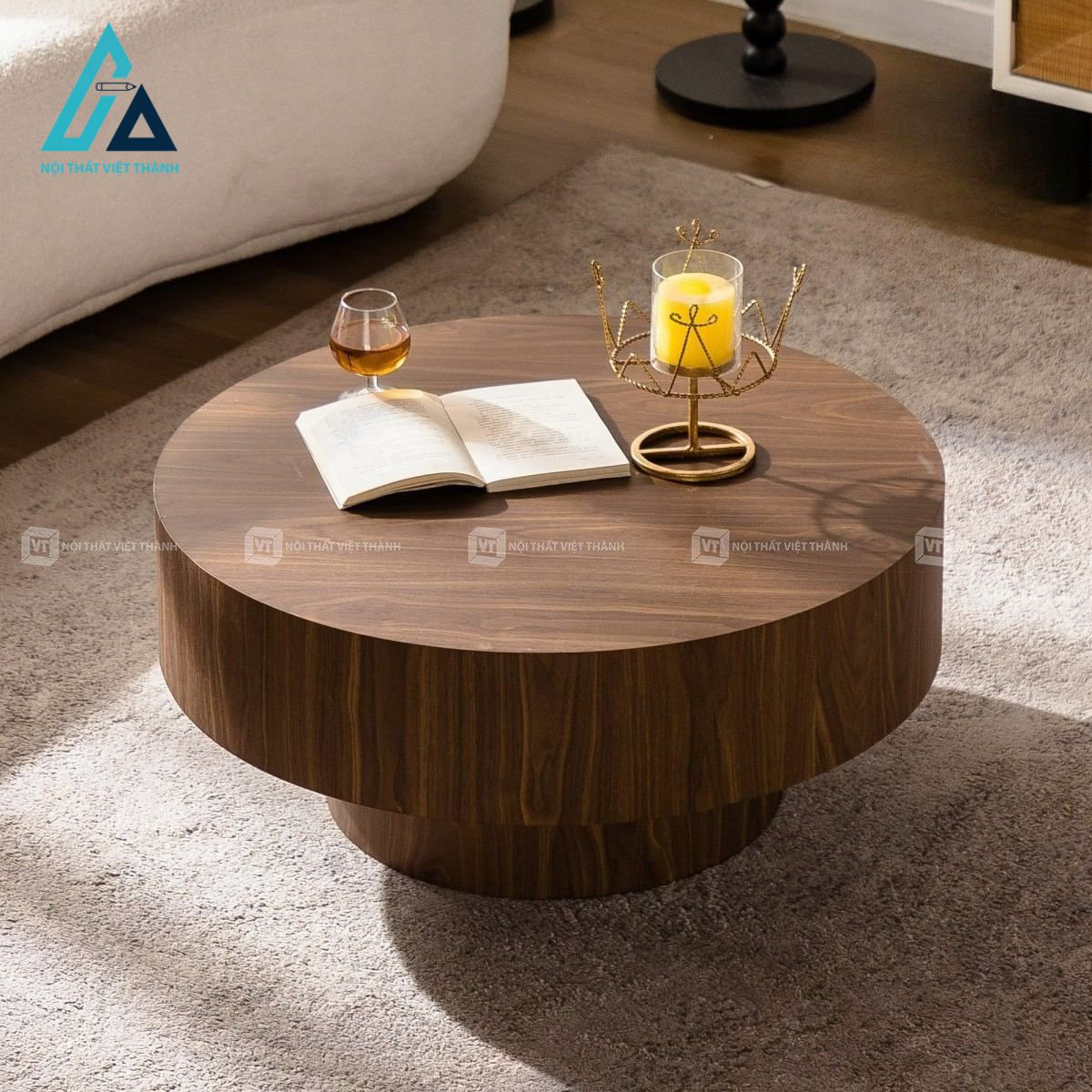 Bàn trà tròn MDF màu óc chó phong cách tối giản hiện đại 1