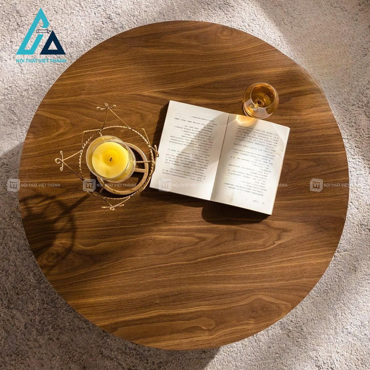 Bàn trà tròn MDF màu óc chó phong cách tối giản hiện đại 2