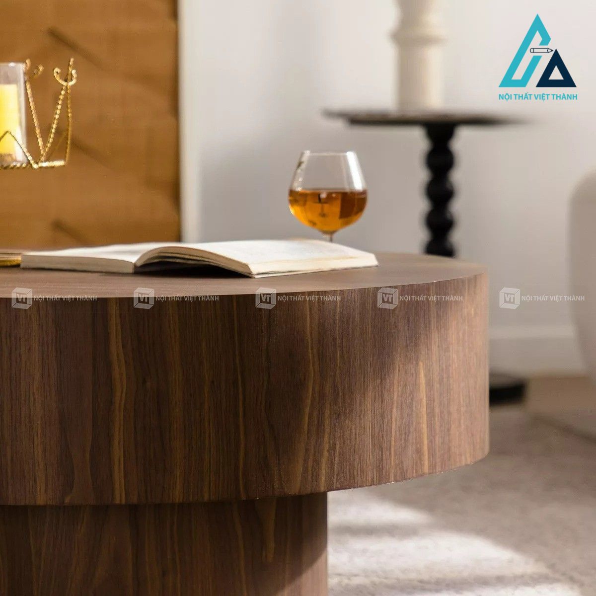 Bàn trà tròn MDF màu óc chó phong cách tối giản hiện đại 4