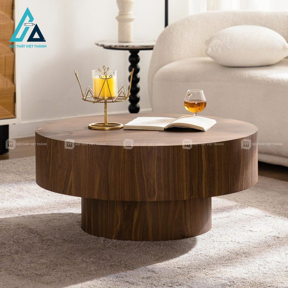 Bàn trà tròn MDF màu óc chó phong cách tối giản hiện đại