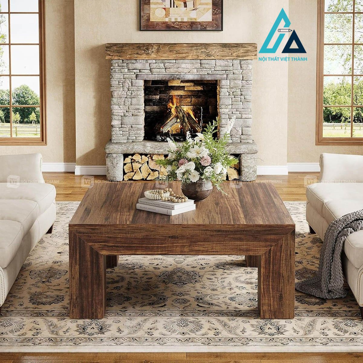 Bàn trà vuông phòng khách MDF vân gỗ nâu đậm 1