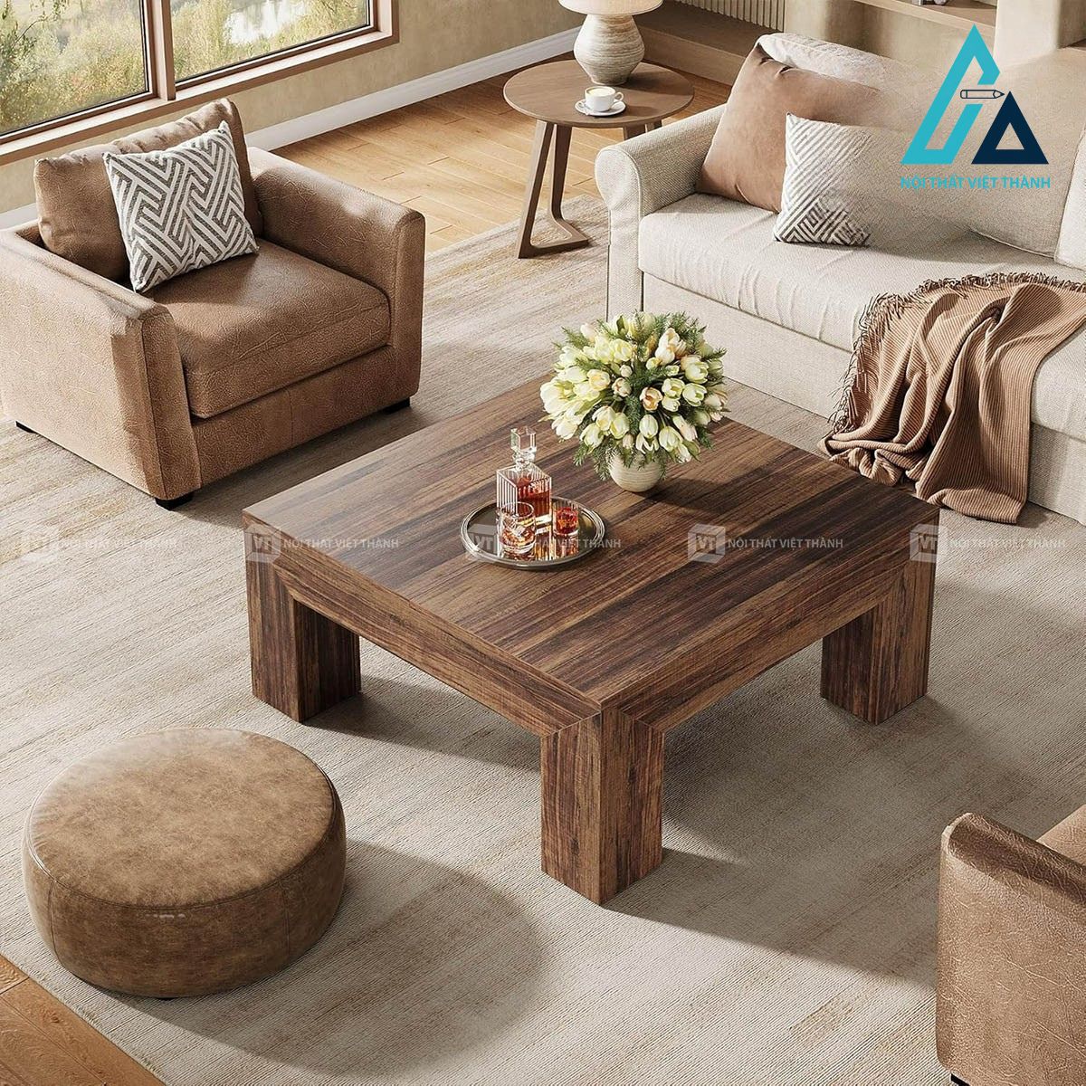 Bàn trà vuông phòng khách MDF vân gỗ nâu đậm 2