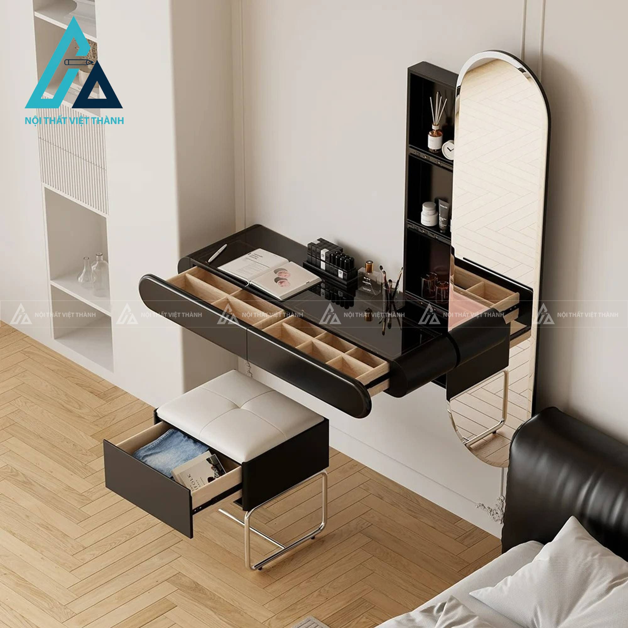 Bàn trang điểm gỗ công nghiệp màu đen kèm gương đứng và ghế tiện nghi