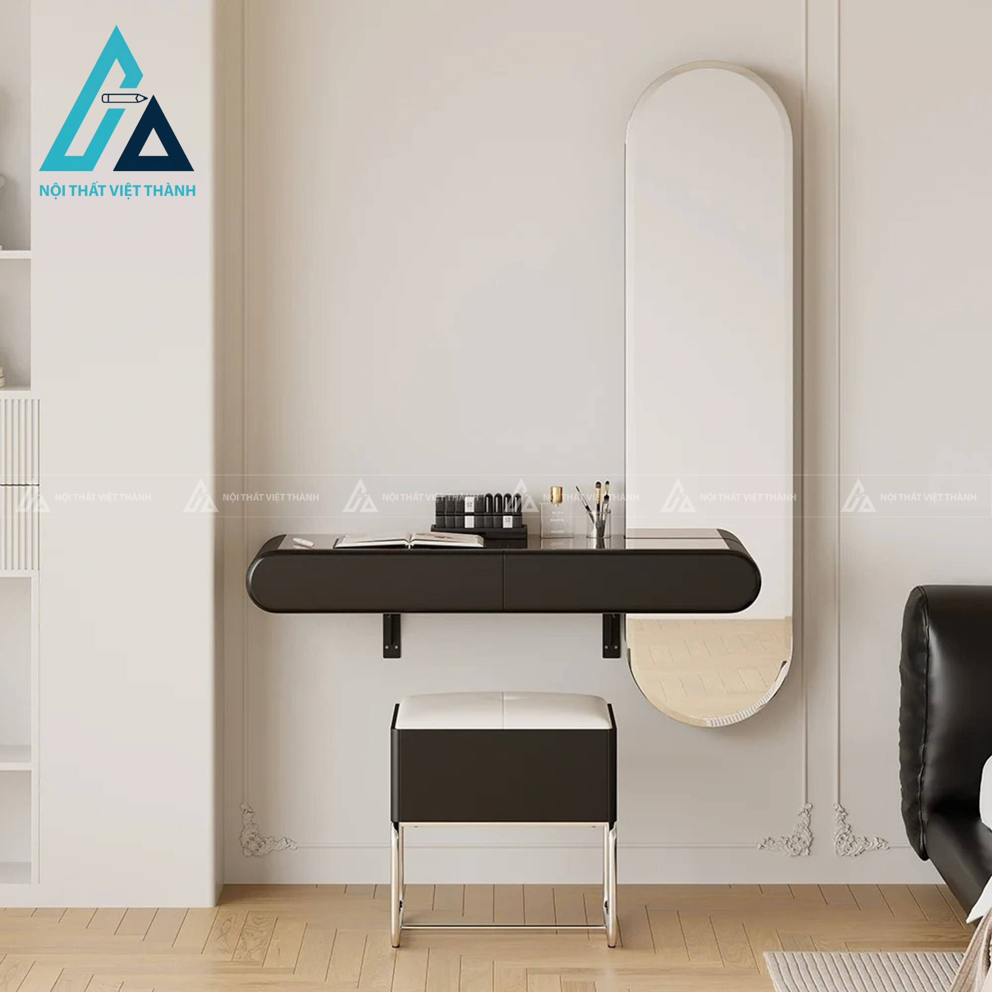 Bàn trang điểm gỗ công nghiệp màu đen kèm gương đứng và ghế tiện nghi 1