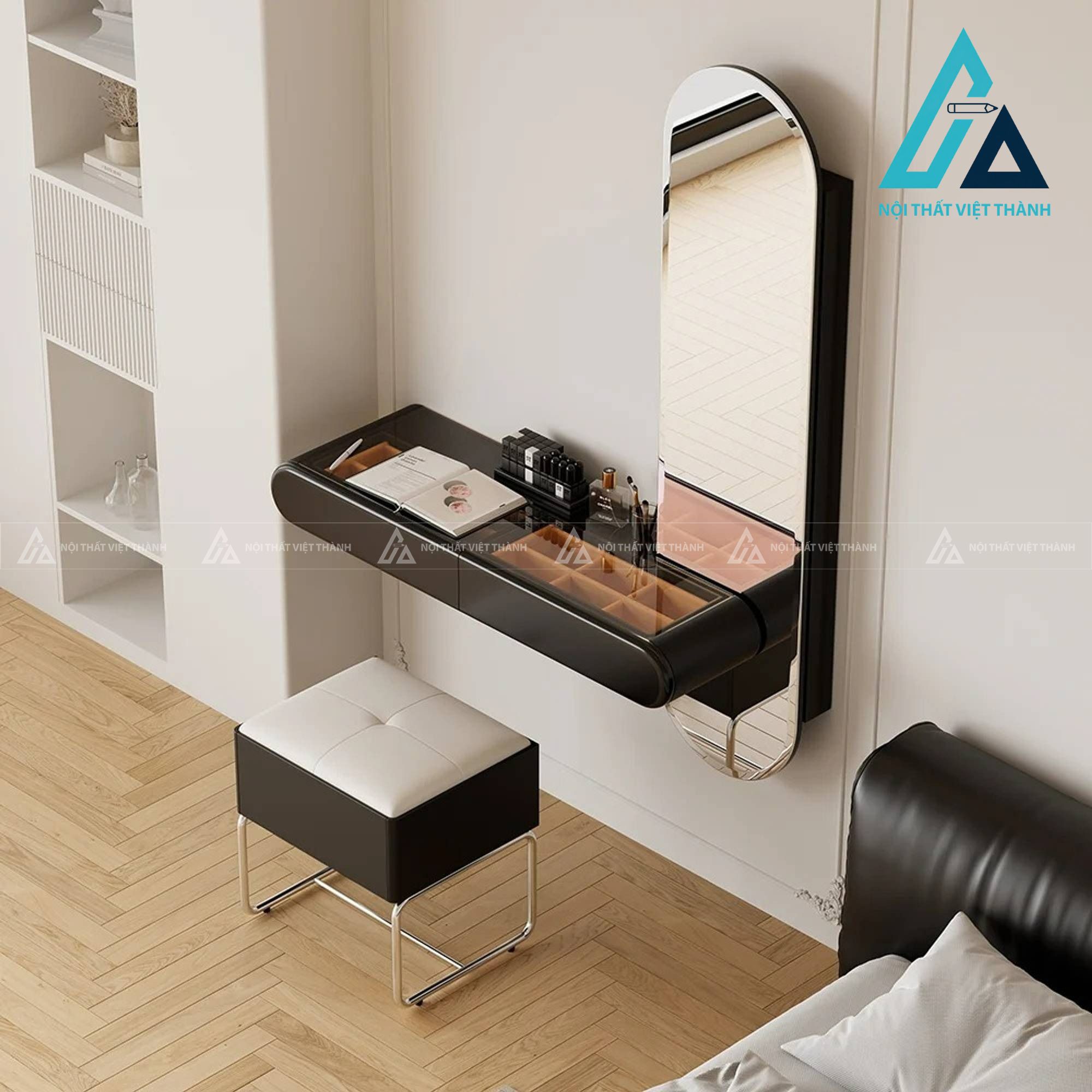 Bàn trang điểm gỗ công nghiệp màu đen kèm gương đứng và ghế tiện nghi 2