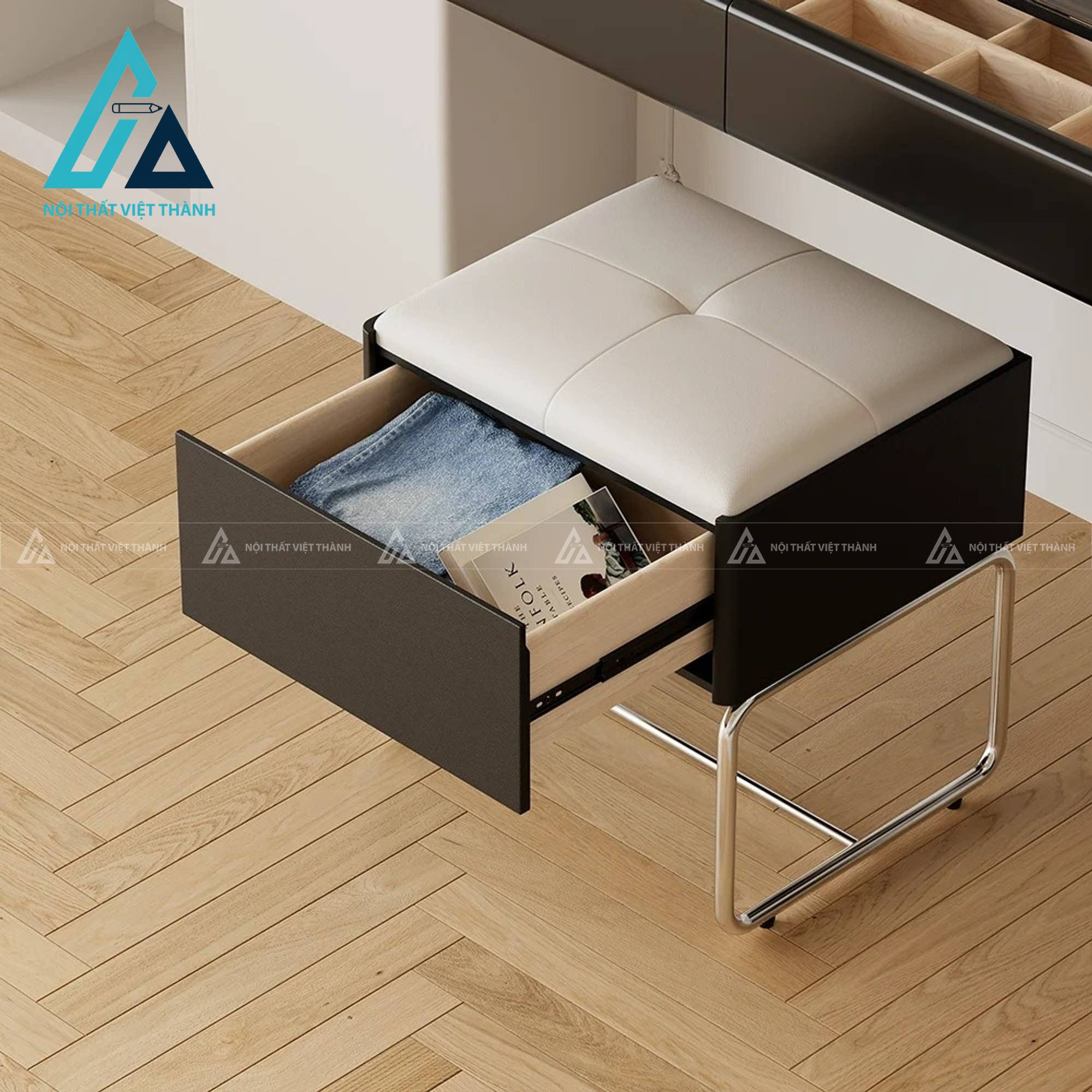 Bàn trang điểm gỗ công nghiệp màu đen kèm gương đứng và ghế tiện nghi 4