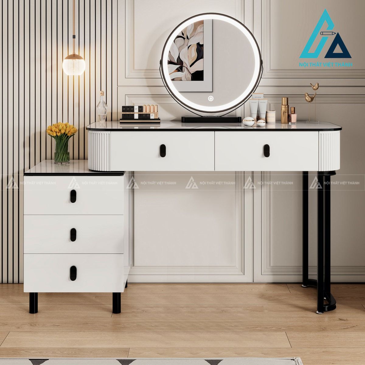 Bàn trang điểm gương LED xoay 360 kèm tủ phụ trắng hiện đại